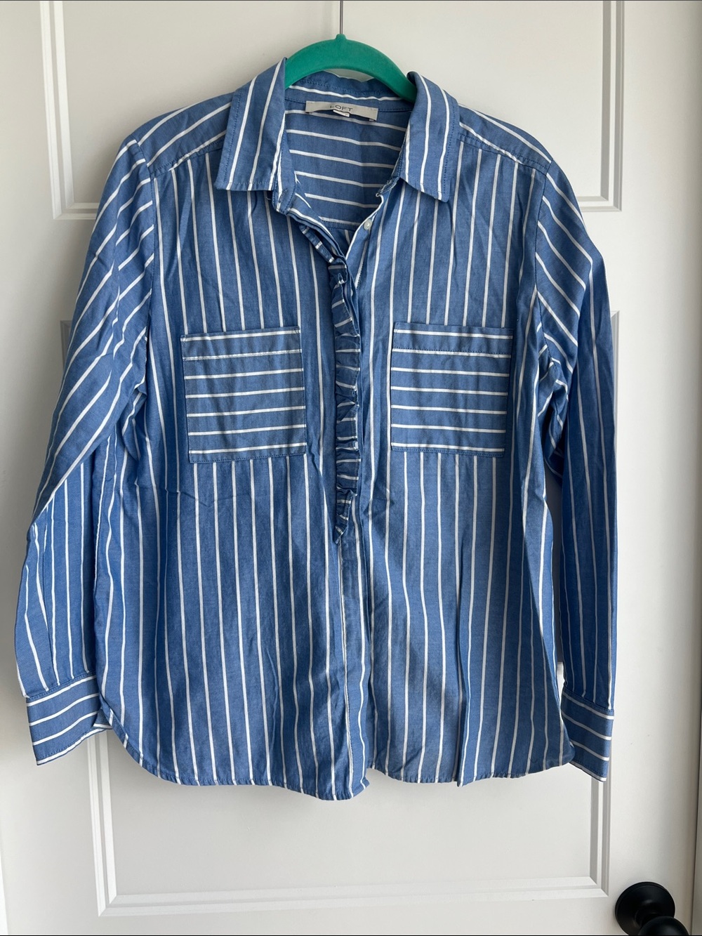 LOFT Blue and White Vertical Stripe Button-Up Top